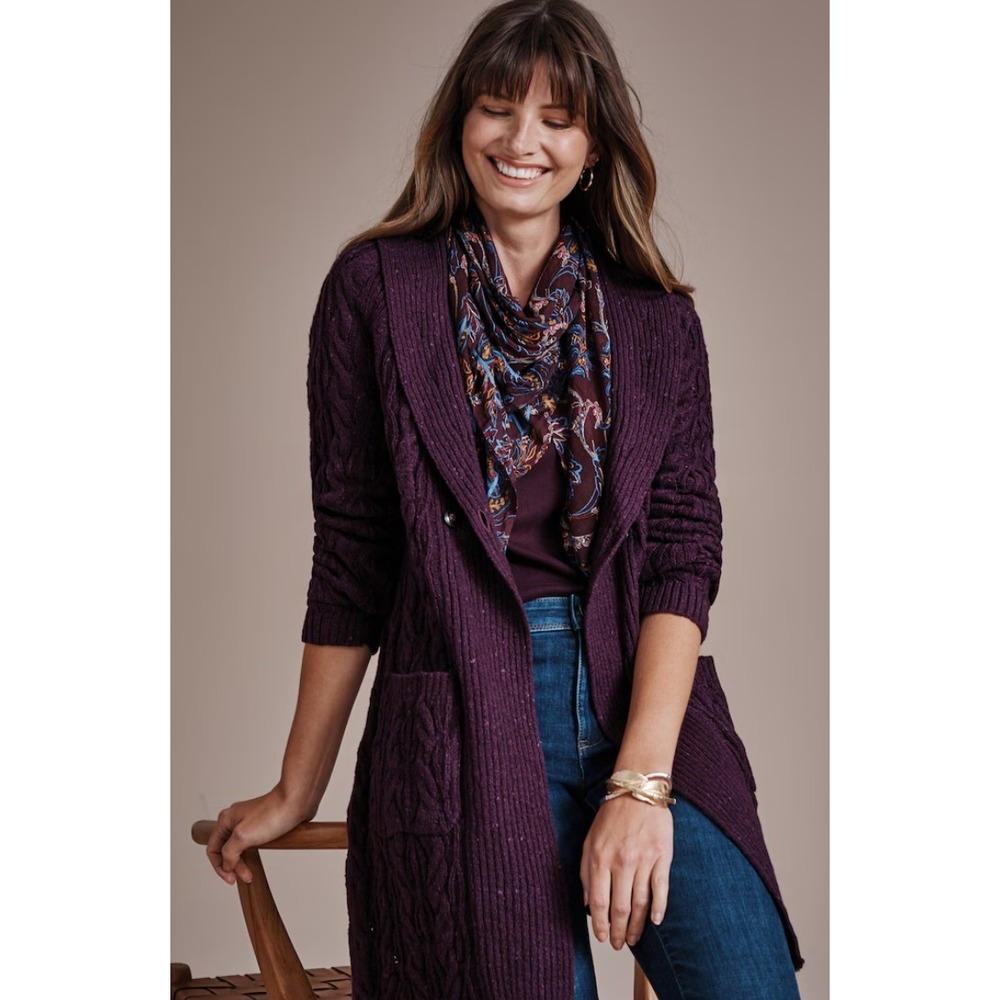 J. Jill Shawl Collar Cardigan Women's L Rum Raisin Cable Knit Sweater Comfort